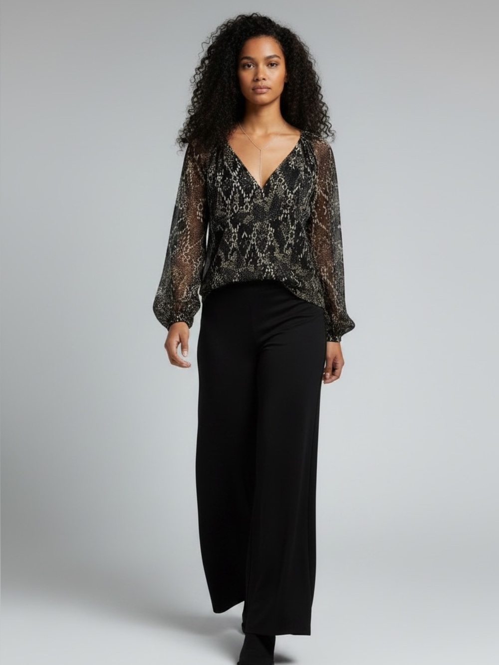 Ramy Brook Black & Cream Sheer Printed V-Neck Blouse